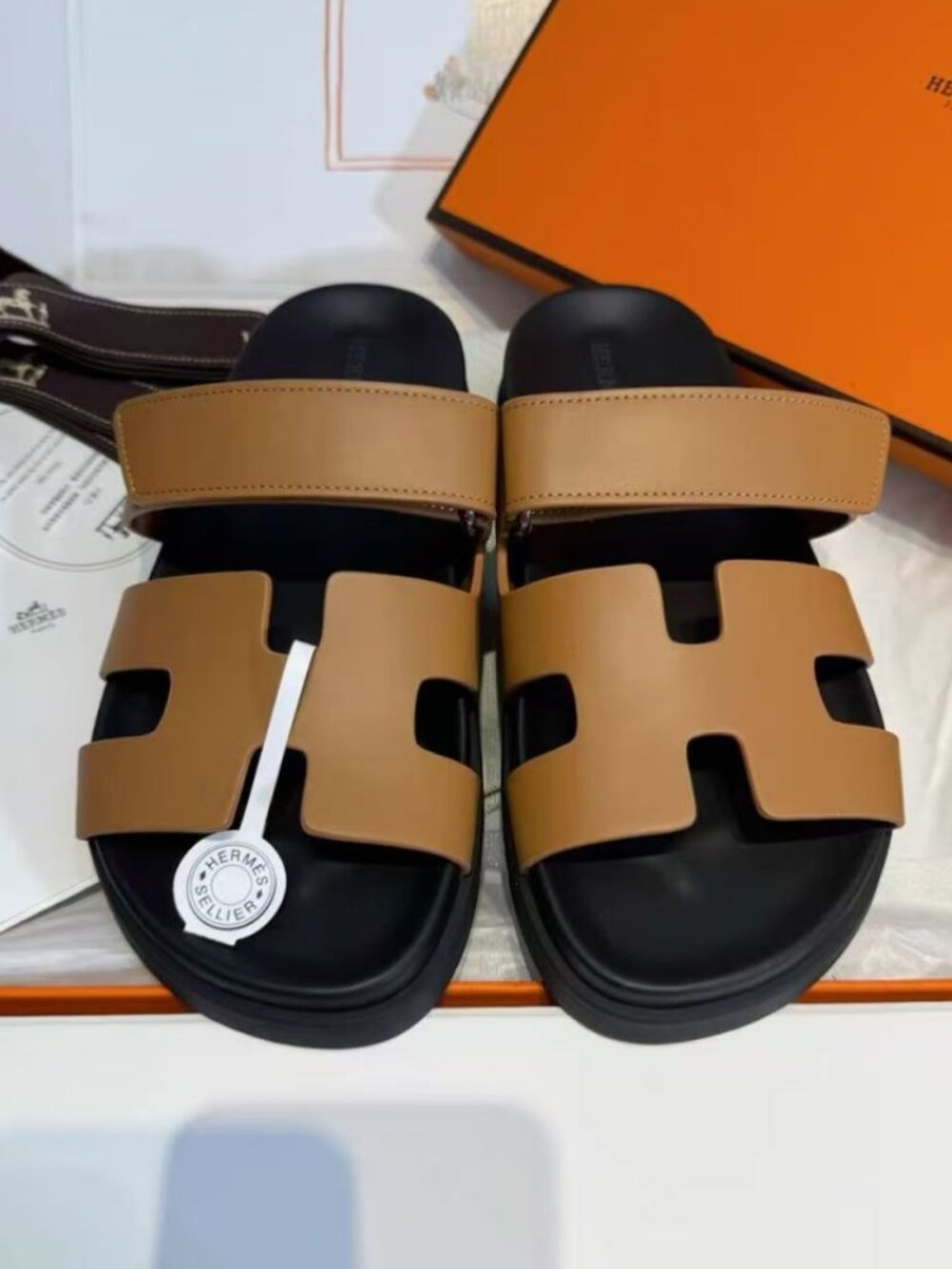 Hermes Chypre Sandals Brown Leather Adjustable Strap Slide Sandals